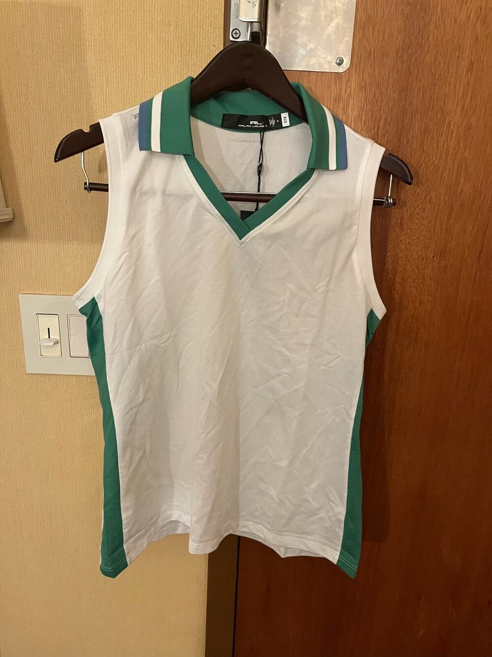 $99 RLX Ralph Lauren Golf Women's Sleeveless Polo White Green Blue Size Medium